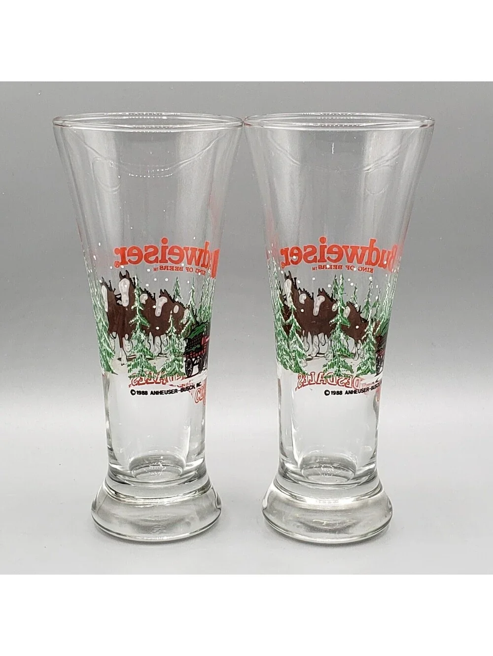 Vintage Budweiser Clydesdales Beer Pilsner Glasses QTY 2 Winter Scene 1988